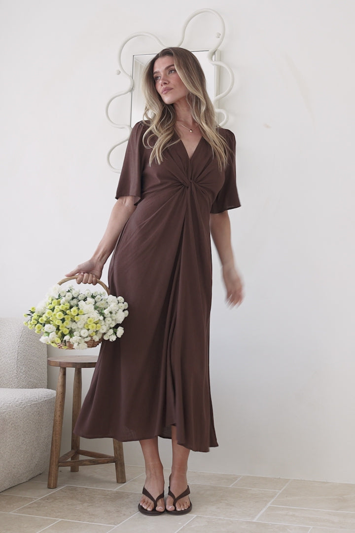 Drika Midi Dress - Twist Detail Cape Sleeve A Line Dress with Pockets in Chocolate