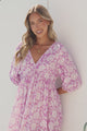 Alessia Mini Dress - Empire Waist Swing Dress with Open Tie Back Detail with Balloon Sleeves in Emmie Print Lilac