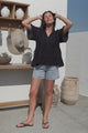 Ellery Top - Mandarin Collar Smock Top with Ladder Lace Insert Splicing in Black