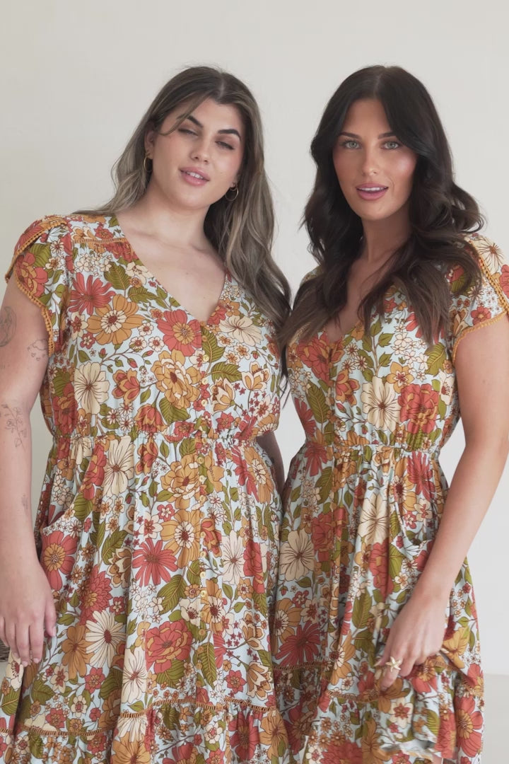 JAASE - Lizzie Mini Dress: Butterfly Cap Sleeve Button Down Dress with Pockets in Mimosa Print