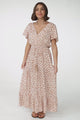 Gellina Maxi Dress - Pull In Waist A Line Dress with Cap Sleeves in Fawn