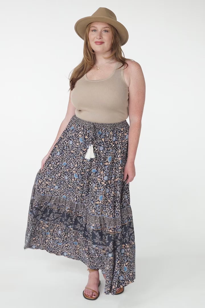 Delany Maxi Skirt - High Waisted Skirt with Tassel Waist Tie and Front Splits in Floral Print