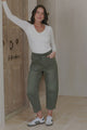 Lowen Barrel Jeans - Elasticated Waist Patch Pocket & Knee Detail Jeans in Khaki