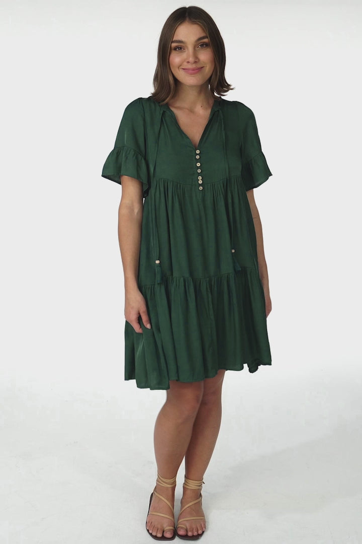 Lilou Mini Dress -Smock Mini Dress with V Neckline in Emerald