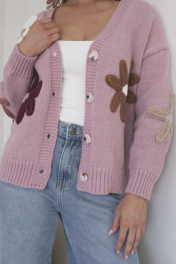 Daisy Belle Cardigan - Cropped Thick Knit Cardigan with Flower Decals in Light Mauve