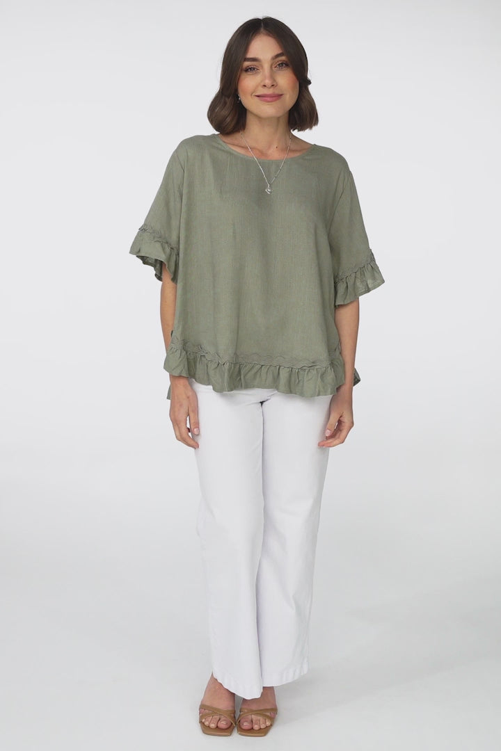 Beca Top - Rick Rack Splicing Pull Over Smock Top in Khaki