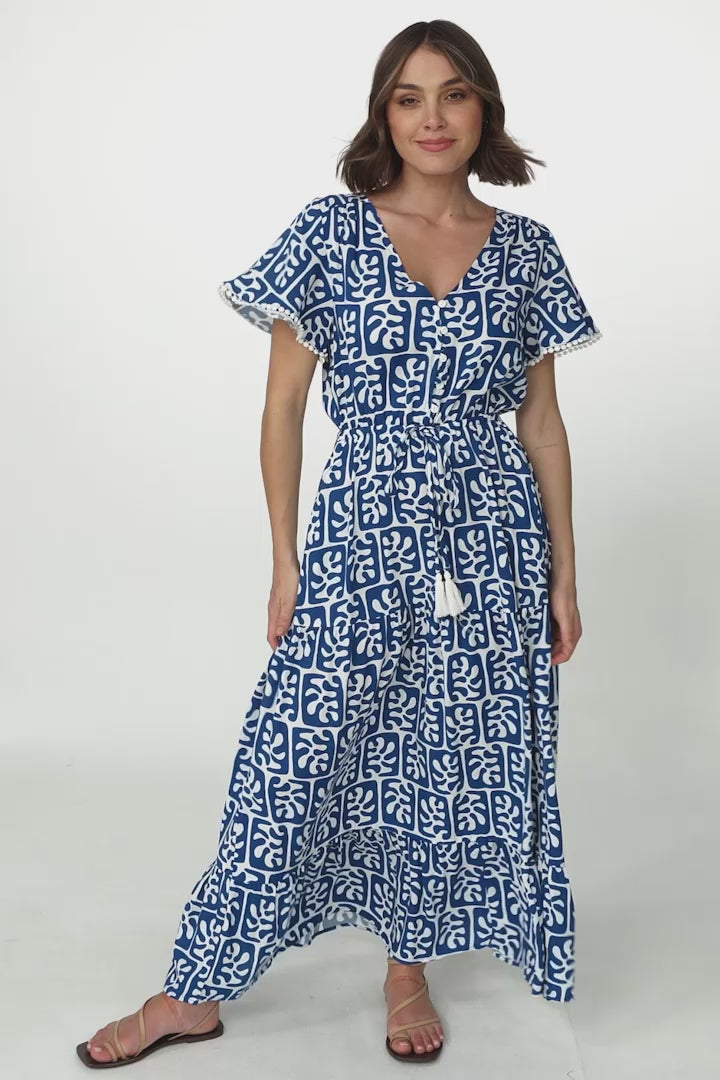 Peggy Midi Dress - Relaxed Mandarin Collar Pleated Bust Tiered Dress in Davey Print Blue