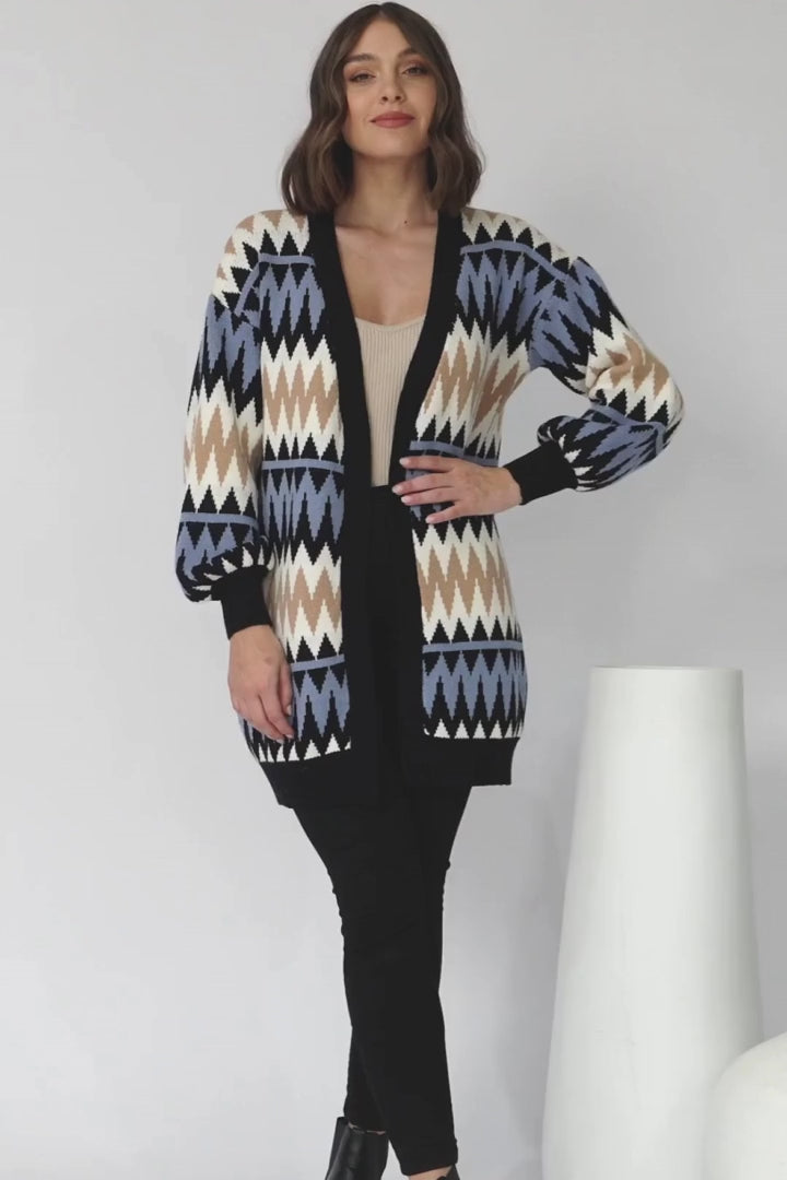 Delvie Cardigan - Open Graphic Print Knit Cardigan with Long Sleeves