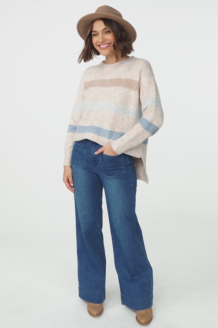 Wendi Jumper - High-Low Stripe Wool Blend Jumper in Oat