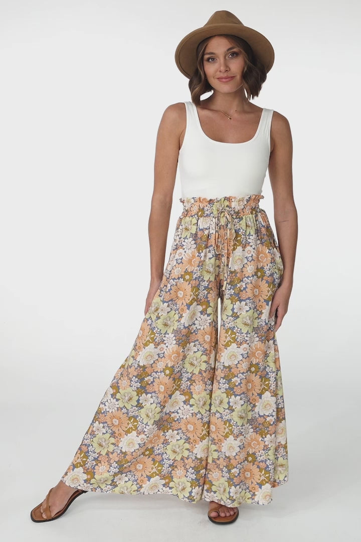 Avianna Pants - Paper Bag High Waisted Wide Leg Pants in Floral Print