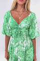 Justina Mini Dress - V-Neck Gathered Bodise On or Off Shoulder Mini Dress in Sondra Print Green