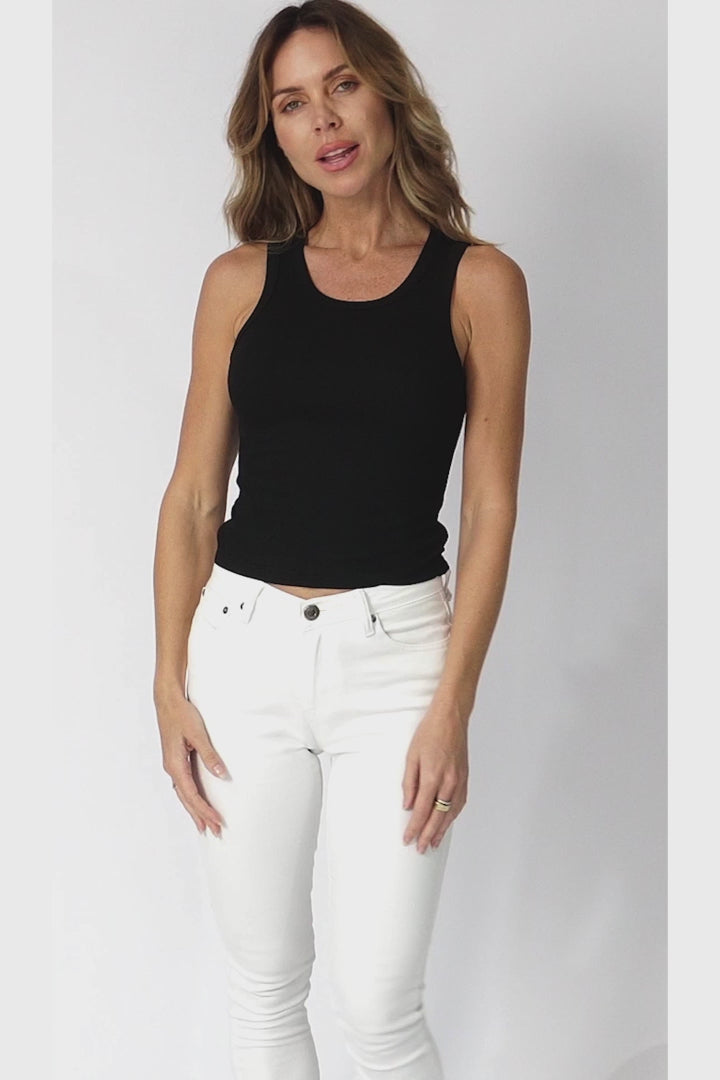 Saint Clair Ribbed Top - High Neckline Racer Back RIbbed Top in Black