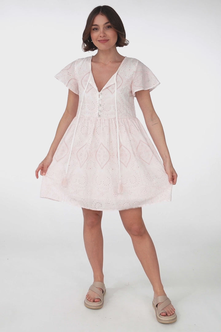 Achanti Mini Dress - Cotton Lace Overlay Cap Sleeve Smock Dress in Pink