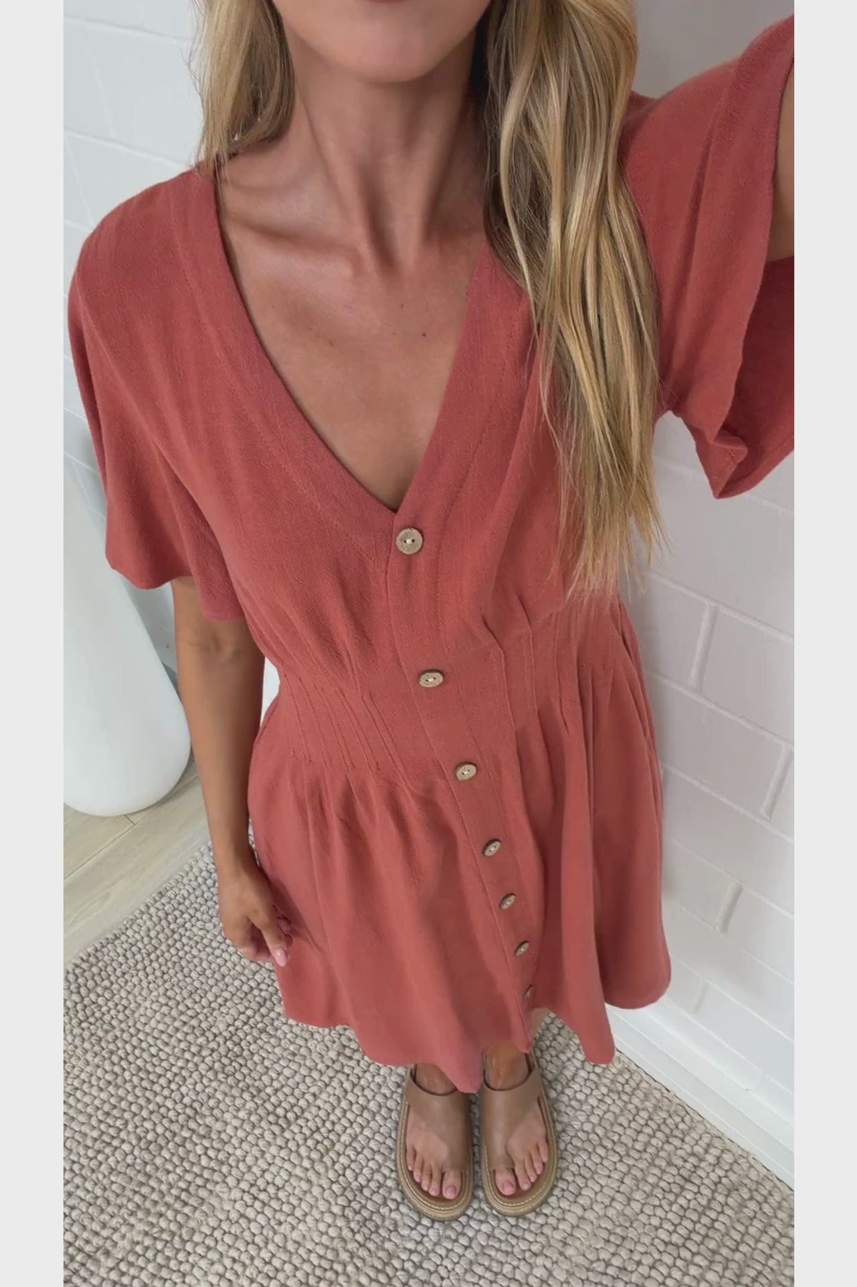 Karin Mini Dress - V Neck Flutter Sleeve Mini with Decorative Front Button Placket in Rust