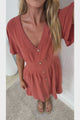 Karin Mini Dress - V Neck Flutter Sleeve Mini with Decorative Front Button Placket in Rust