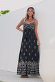 Nerina Maxi Dress - Spaghetti Strap Sun Dress with Pull Tie Waist and Pockets in Roselle Print Black