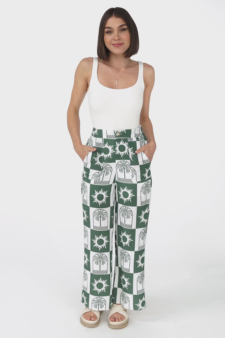 Georgie Pants - High Waisted Relaxed Straight Leg Pants in Layah Print Green