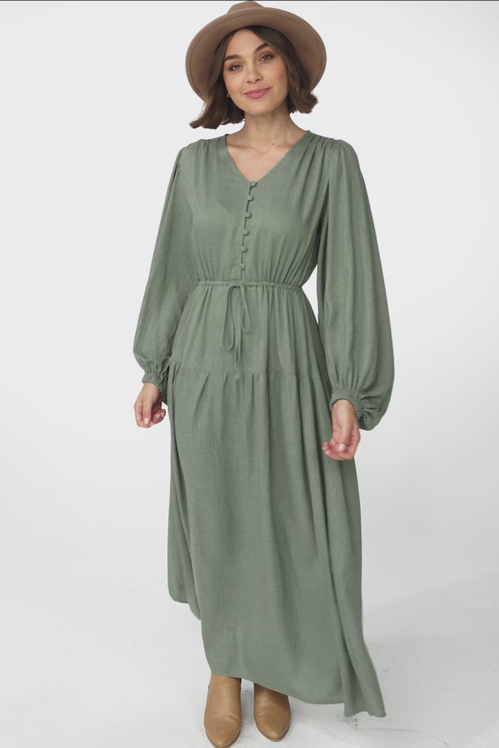 Salma Maxi Dress - Linen Blend Long Sleeve Maxi Dress in Khaki