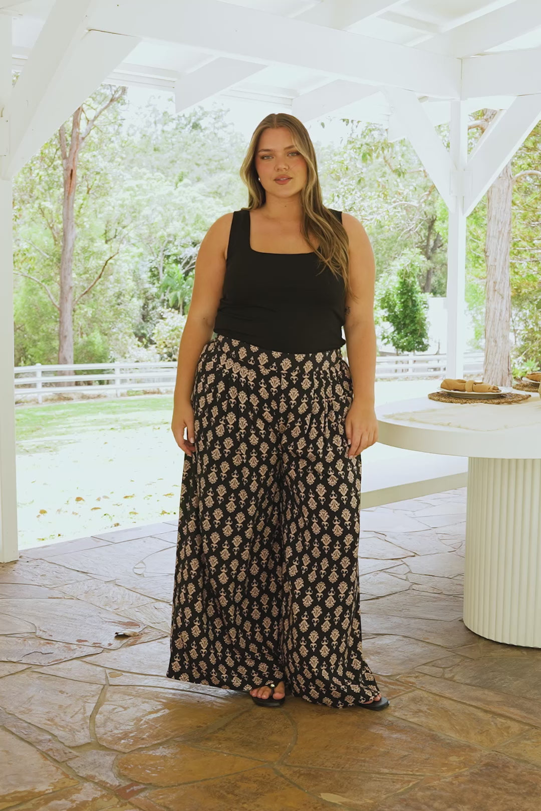 Emmy Pants - High Waisted Pleated Front Waistband Palazzo Pants in Azaria Print Black