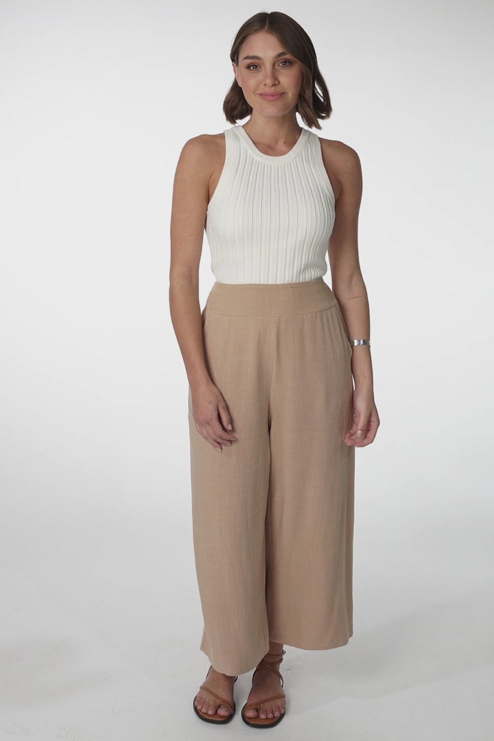 Wyatt Pants - Linen Blend 3/4 Cropped Pants with Pockets in Dark Beige