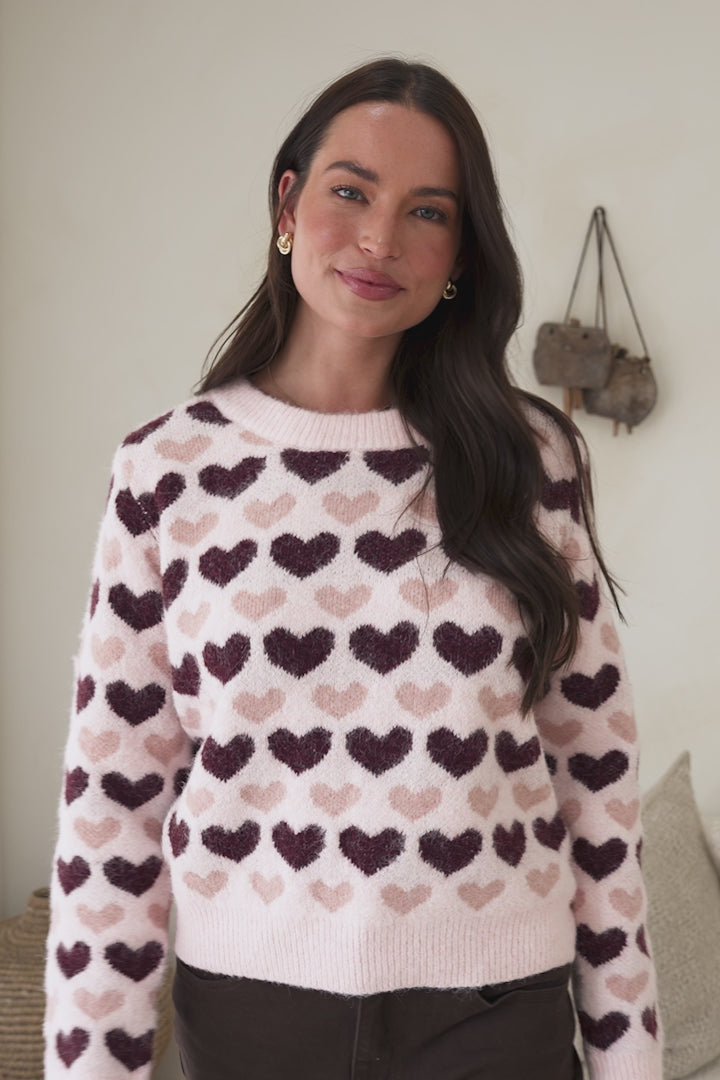 Skye Jumper - Crew Neck Contrast Heart Motif Knit in Light Pink