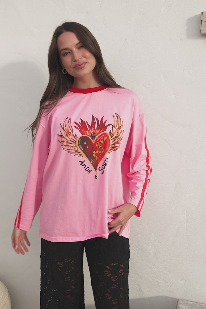 Amor E Sorte Long Sleeve Tee - Crew Neck Contrast Sport Stripe Graphic T-Shirt in Pink