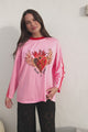 Amor E Sorte Long Sleeve Tee - Crew Neck Contrast Sport Stripe Graphic T-Shirt in Pink