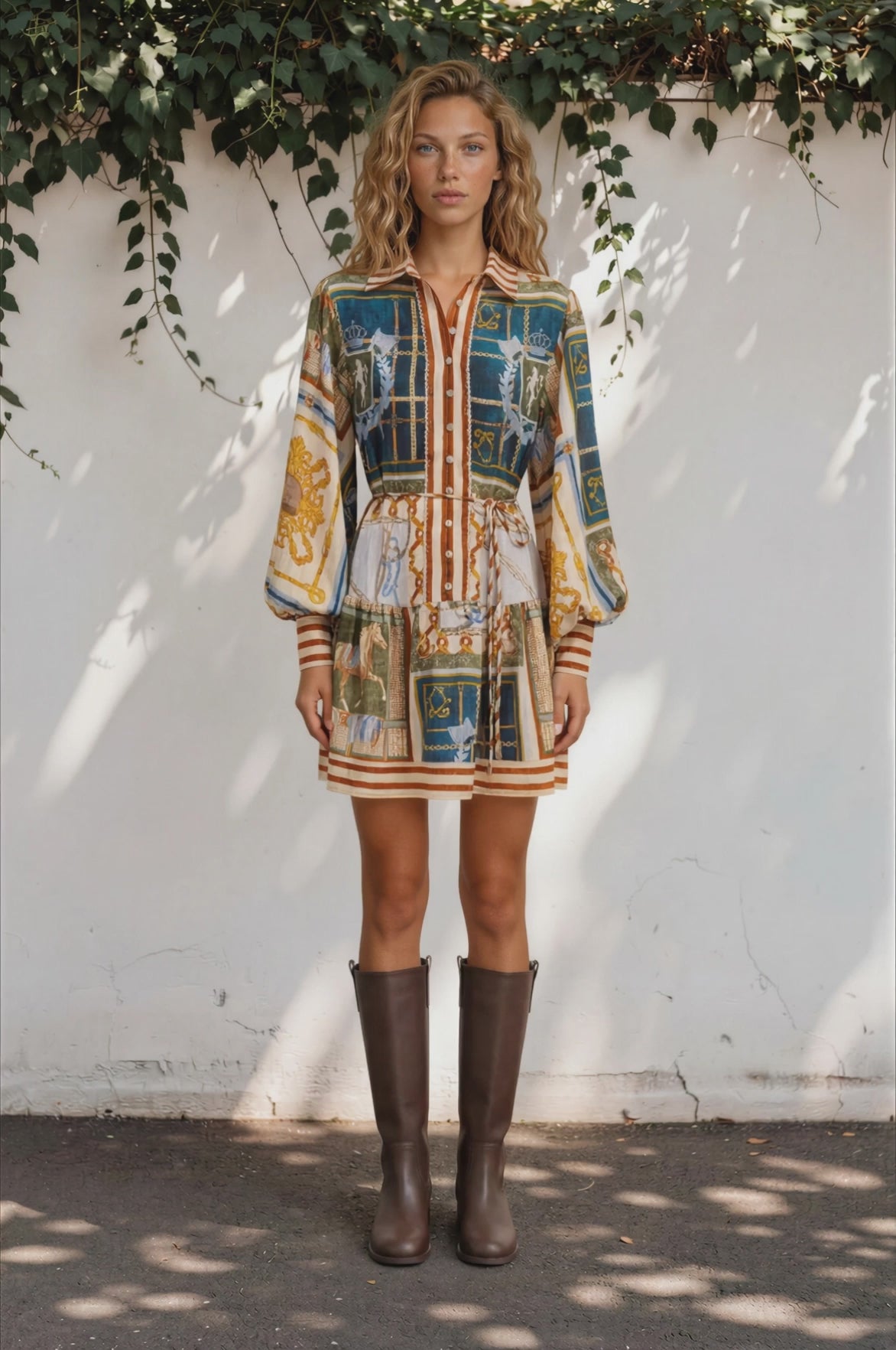 Morso Mini Dress - Wing Collar Front Button Placket Tiered Hem with Balloon Sleeves and String Belt in Regalia Print