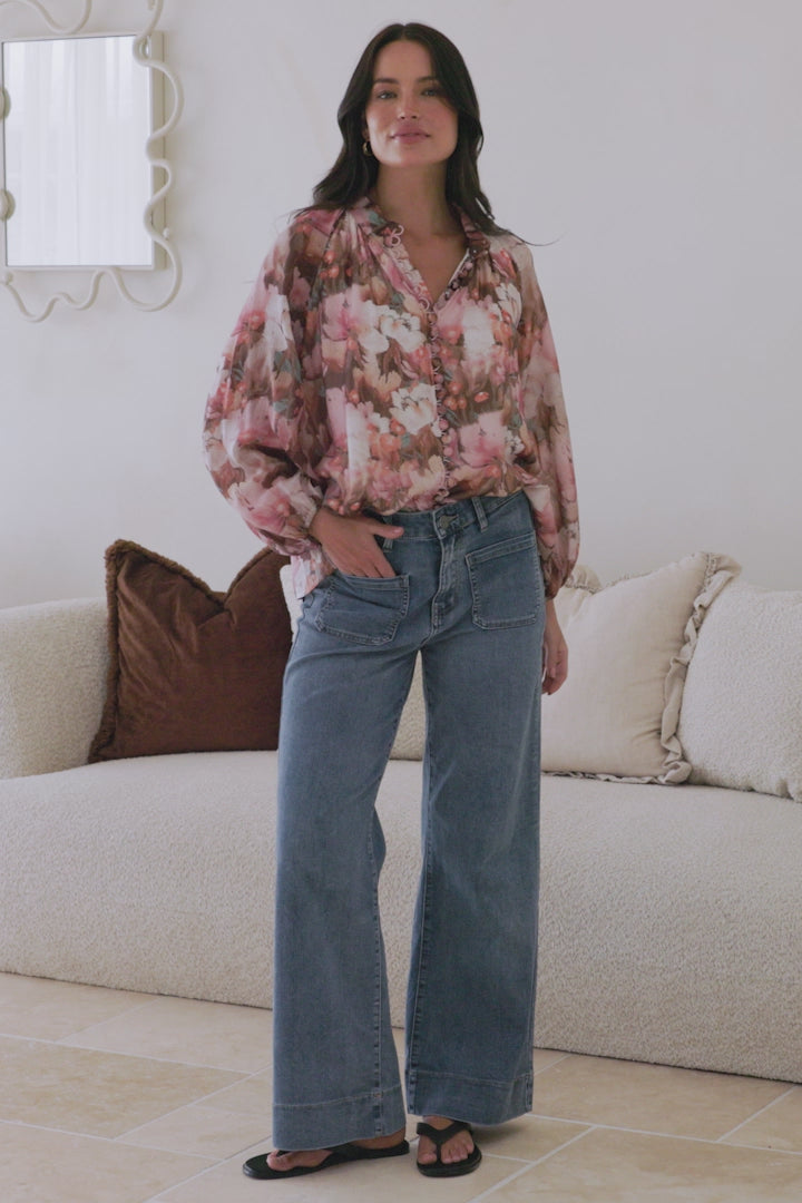 Portia Blouse - Button Down Mandarin Collar Shirt in Serafina Print