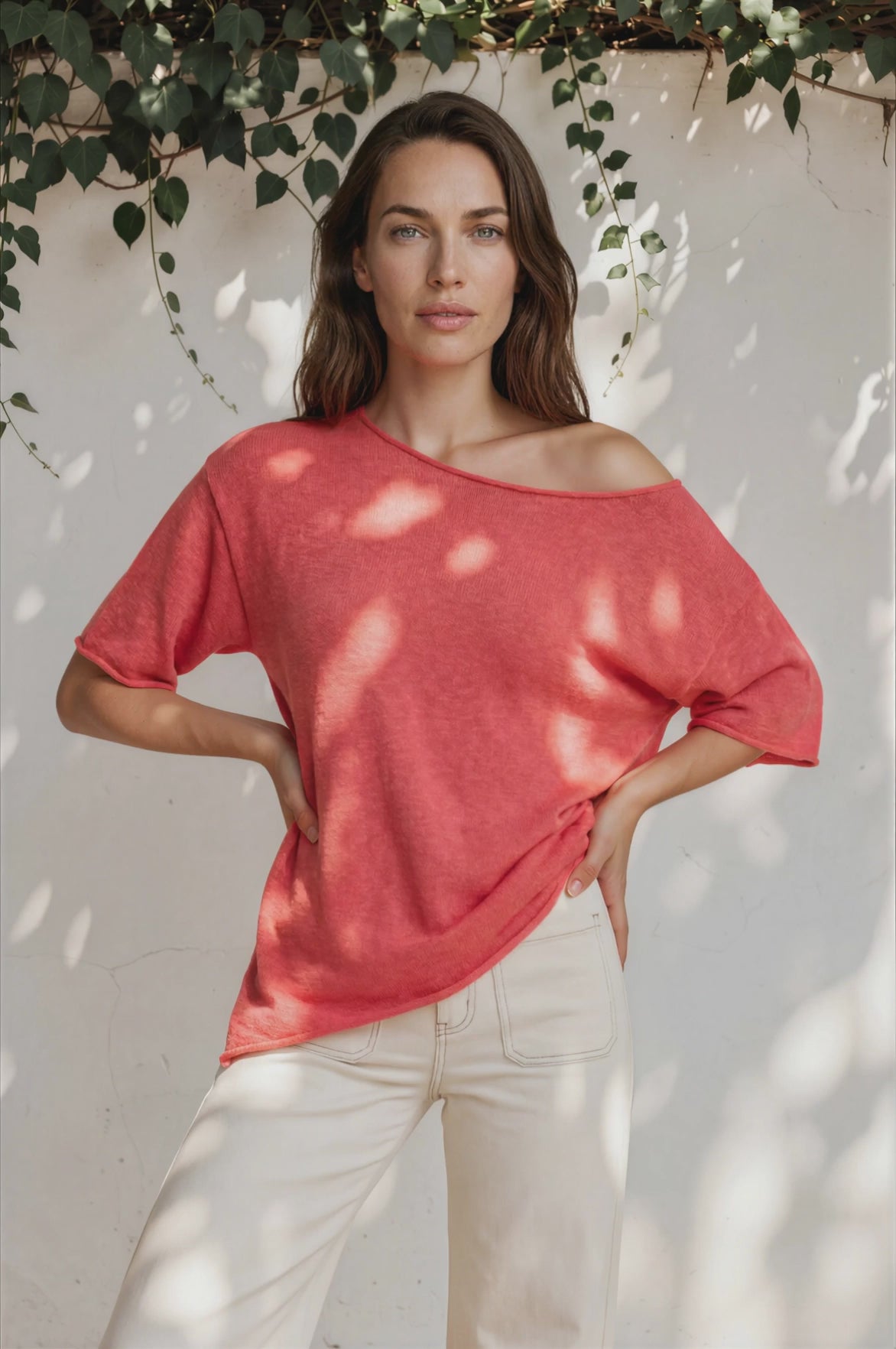Callie Knit Top - Slouchy Asymmetrical Neckline Top in Watermelon