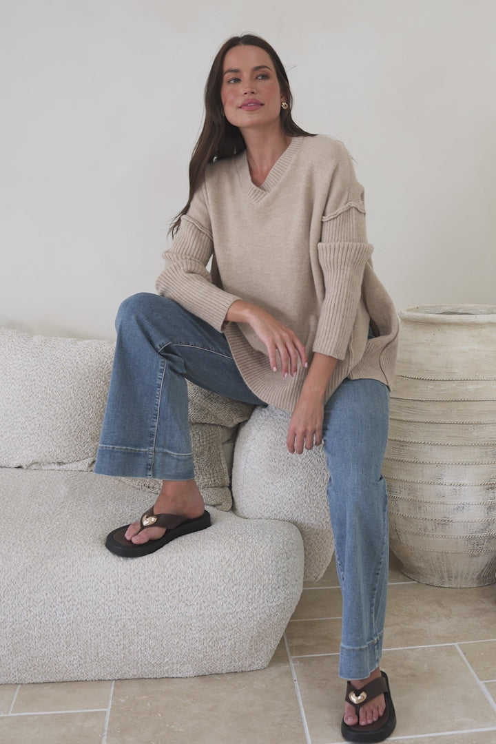 Ridge Jumper - V Neck Relaxed Shark Bite Ribbed Hemline Knit in Beige