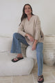 Ridge Jumper - V Neck Relaxed Shark Bite Ribbed Hemline Knit in Beige
