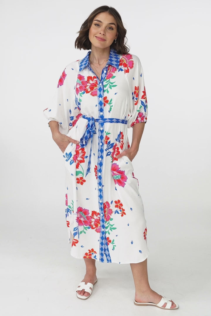 Shirley Midi Dress - Collared Button Down Shirt Dress with Belt in Kaimana Print