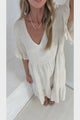 Audrina Midi Dress - Pull Over V Neck Tiered Dress with Pockets in Oat