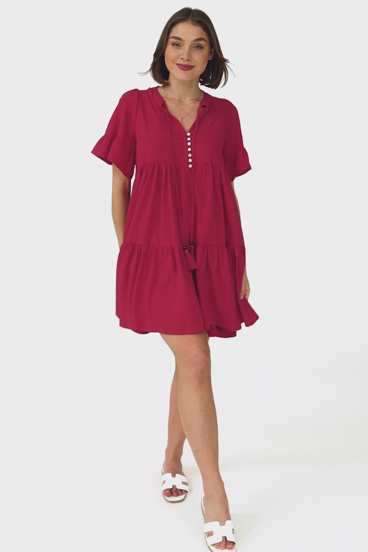 Abilia Mini Dress - Mandarin Collar Smock Dress in Red