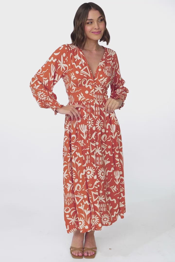 Jolie Midi Dress - V Neck Buttoned Down Long Sleeve Dress in Taralen Print Orange