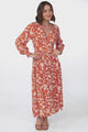 Jolie Midi Dress - V Neck Buttoned Down Long Sleeve Dress in Taralen Print Orange