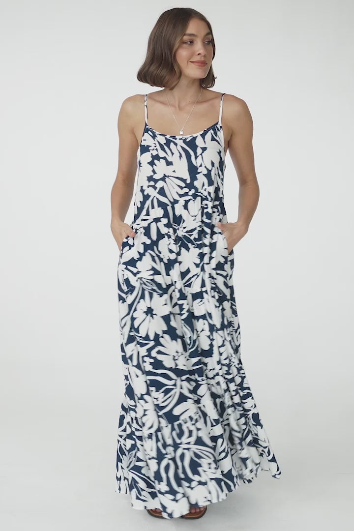 Kana Maxi Dress - Spaghetti Strap Asymmetric Tiered Dress in Charis Print Blue