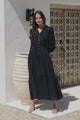 Alexander Maxi Dress - Mandarin Collar Tiered Dress with 3/4 Hollow Out Detailed Sleeves in Navy