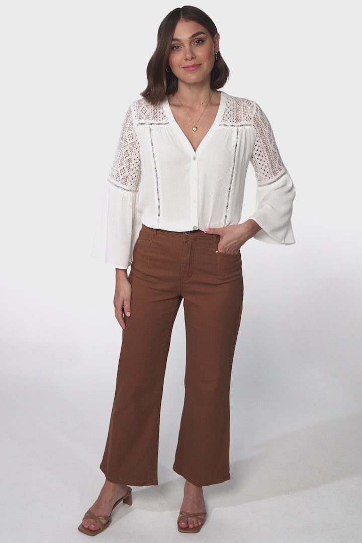 Myrna Top - V Neck Hollow Out Lace Detailed Button Down in White