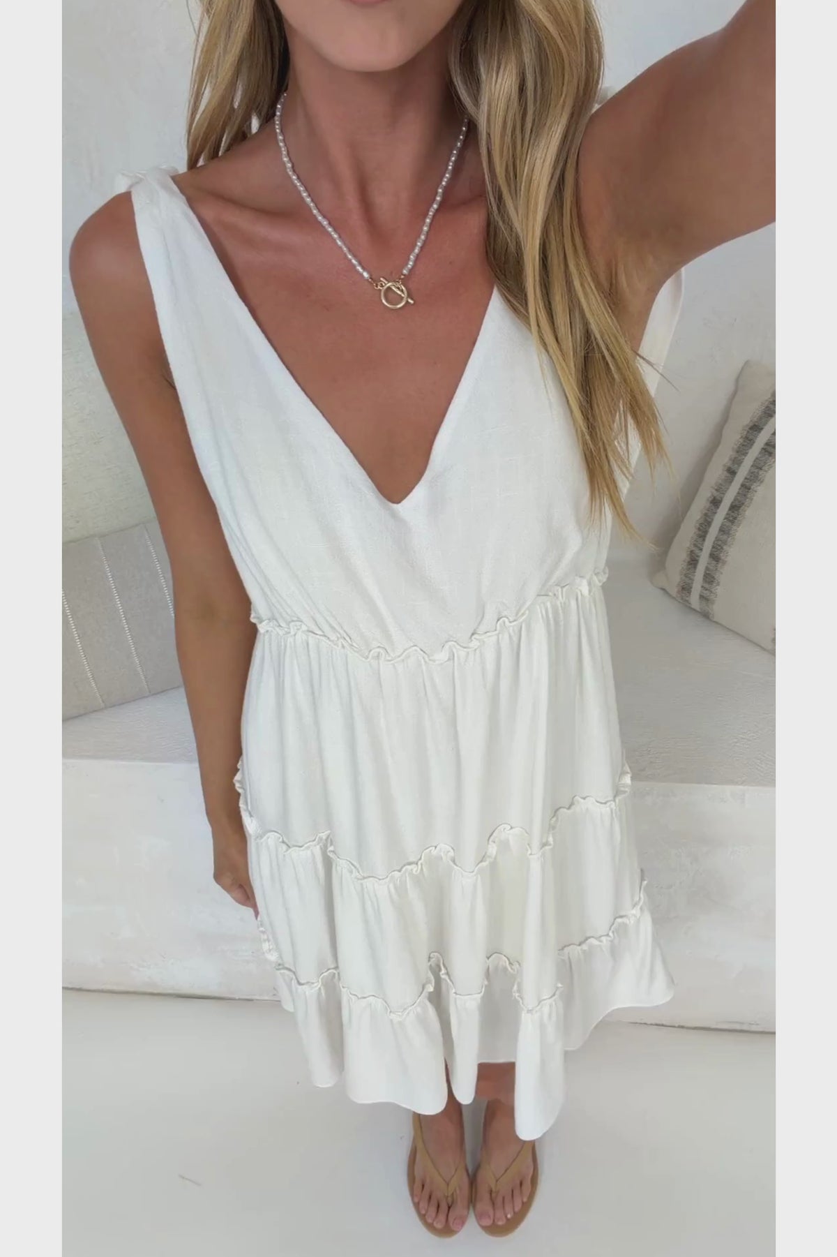 Lacy Mini Dress - Tie on Shoulder Strap Frill Splicing Tiered Sun Dress in White