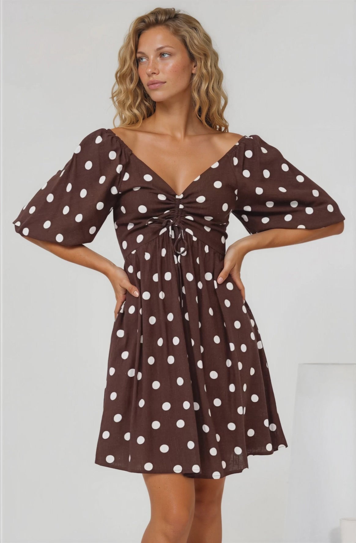 Justina Mini Dress - V-Neck Gathered Bodise On or Off Shoulder Mini Dress in Kitson Spot Print Chocolate