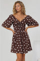 Justina Mini Dress - V-Neck Gathered Bodise On or Off Shoulder Mini Dress in Kitson Spot Print Chocolate