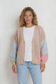 Rubina Cardigan - V Neck Button Down Colour Block Knit with Ribbed Hemlines in Beige/Pink