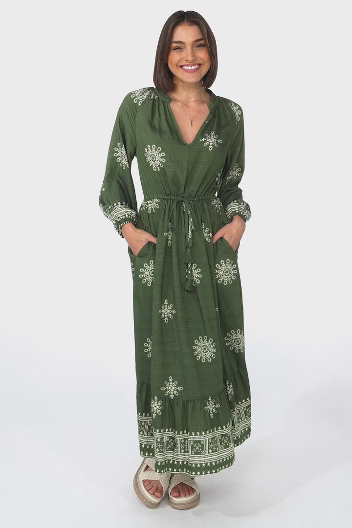 Sullivan Midi Dress - Mandarin Collar 3/4 Sleeve Dress with Pull Tie Waist in Lula Print Green