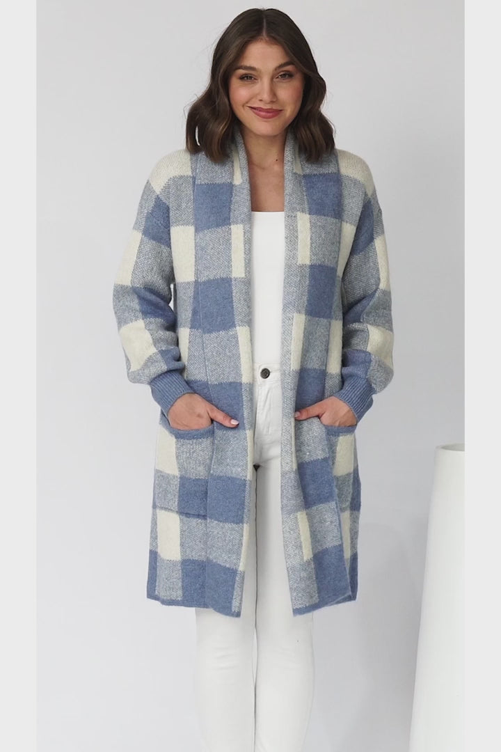 Adelen Cardigan - Folded Center Front Checkered Cardigan in Blue