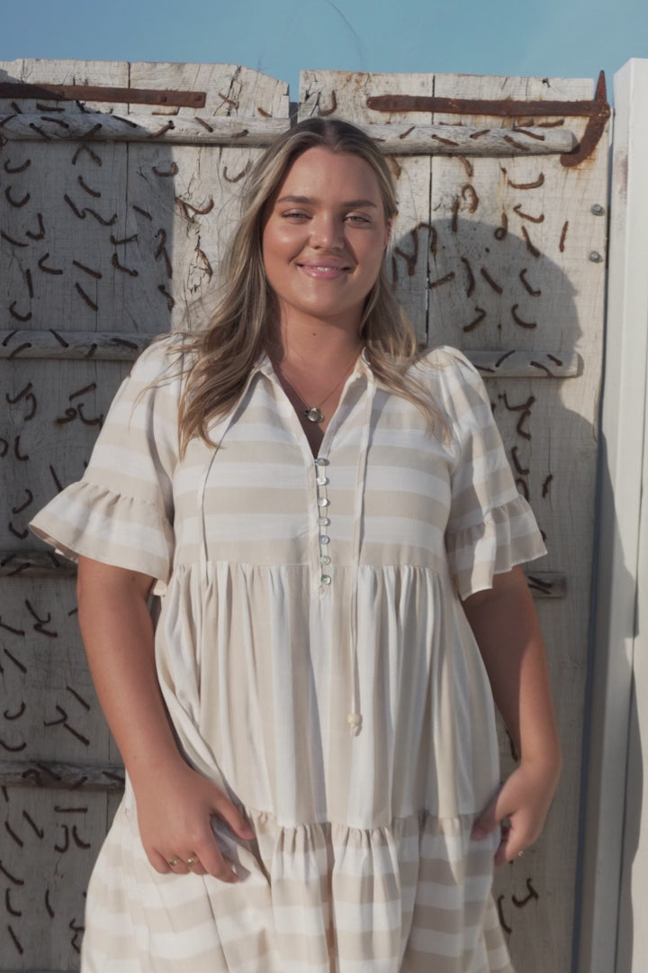 Abilia Mini Dress - Mandarin Collar Smock Dress in Gaubi Print Beige