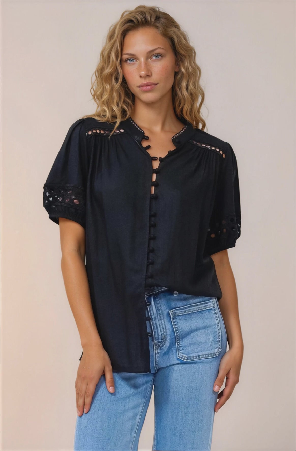Alenna Shirt - Mandarin Collar Cut Out Detailed Short Sleeve Button Down in Black