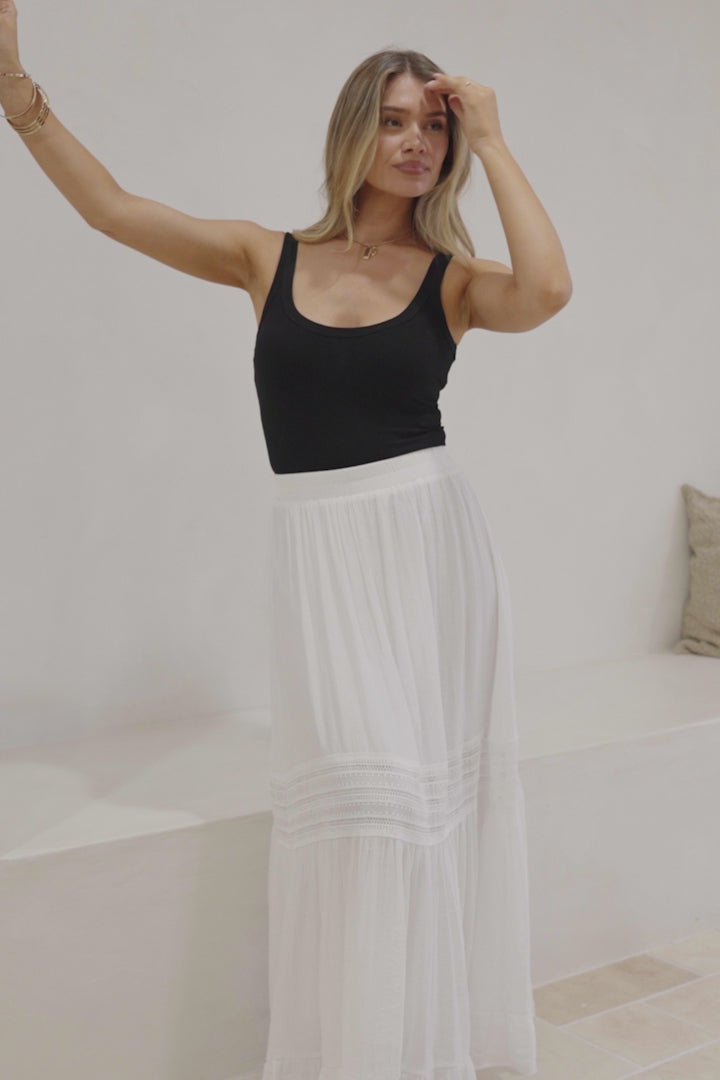 Linley Maxi Skirt - High Waisted Lace Insert Splicing Skirt in White