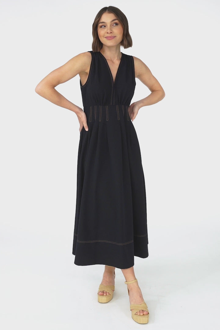 Lora Midi Dress - Sleeveless Detailed Waist Line Dress in Navy